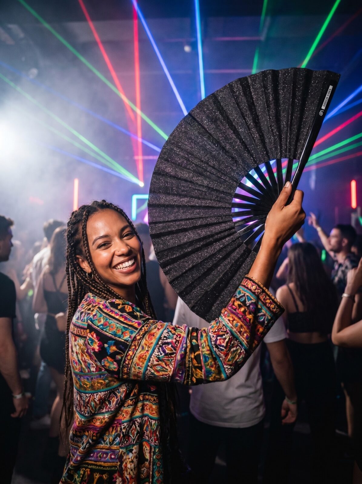 Festival-Fächer Schwarz Glitzer – elegantes Rave & CSD Accessoire – Ansicht 2