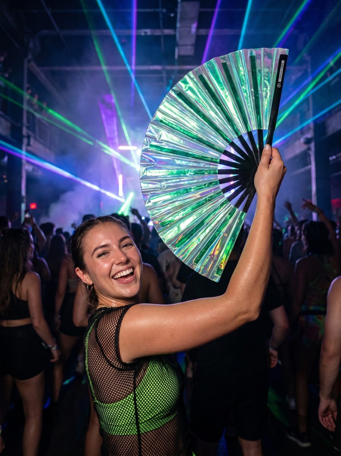 Festival-Fächer Holografisch Grün – irisierendes Rave Accessoire – Ansicht 2