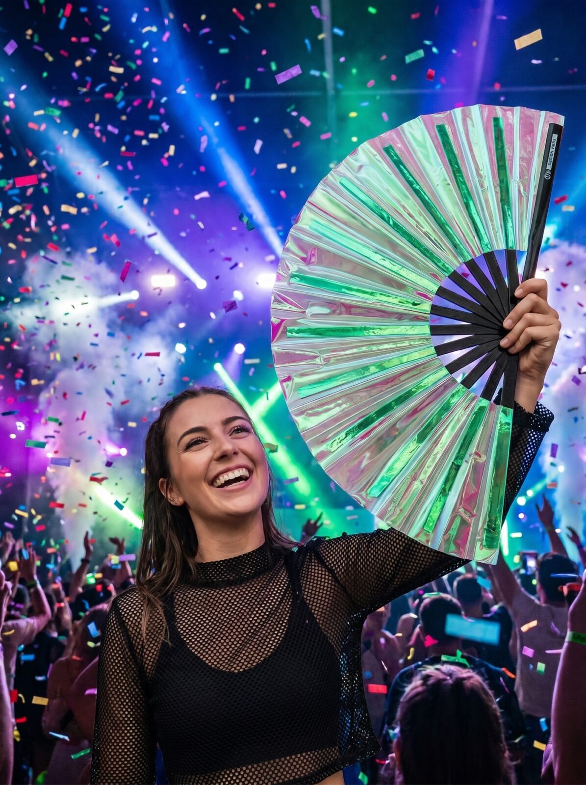 Festival-Fächer Holografisch Grün – irisierendes Rave Accessoire – Ansicht 4