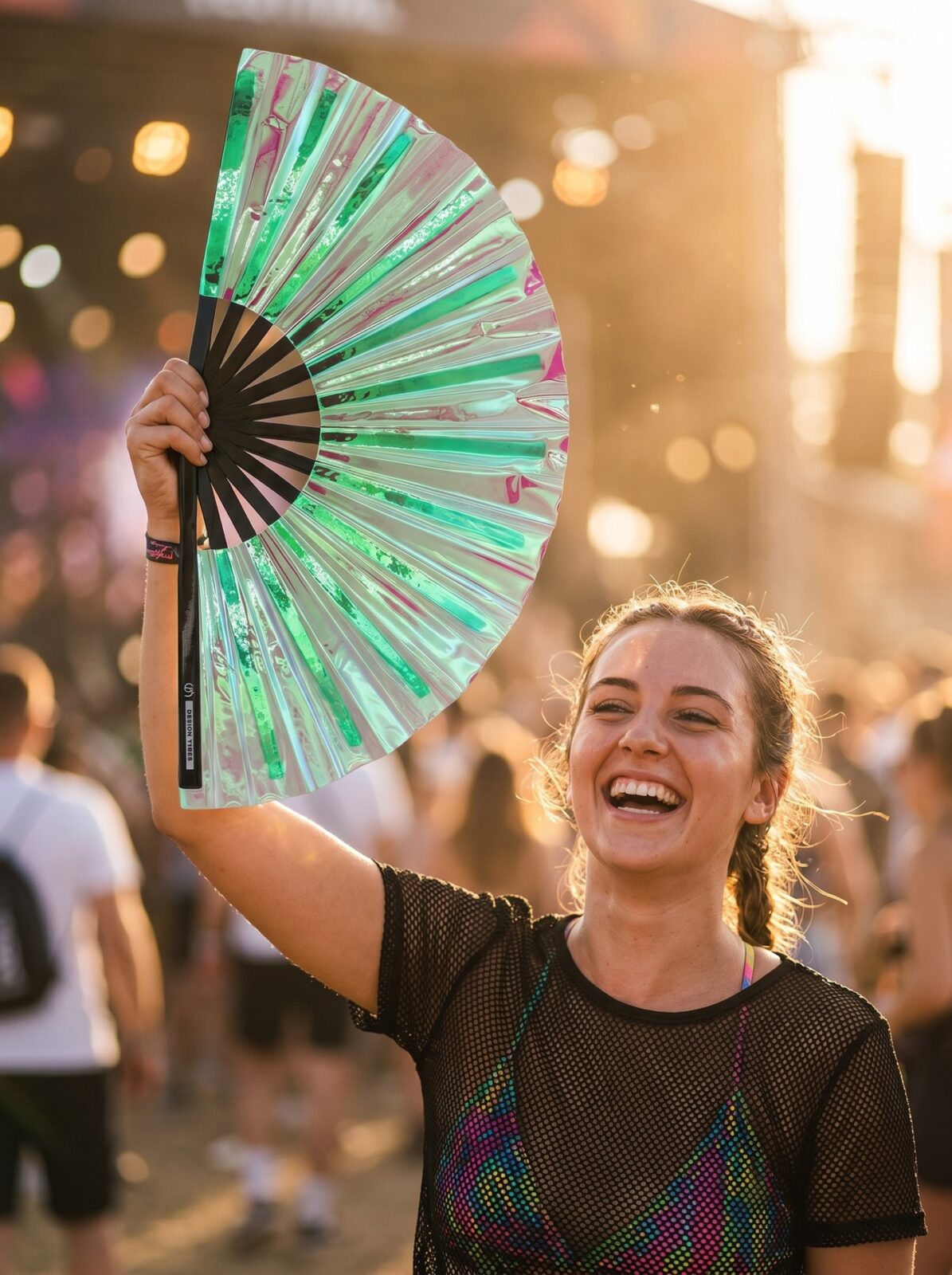 Festival-Fächer Holografisch Grün – irisierendes Rave Accessoire – Ansicht 3