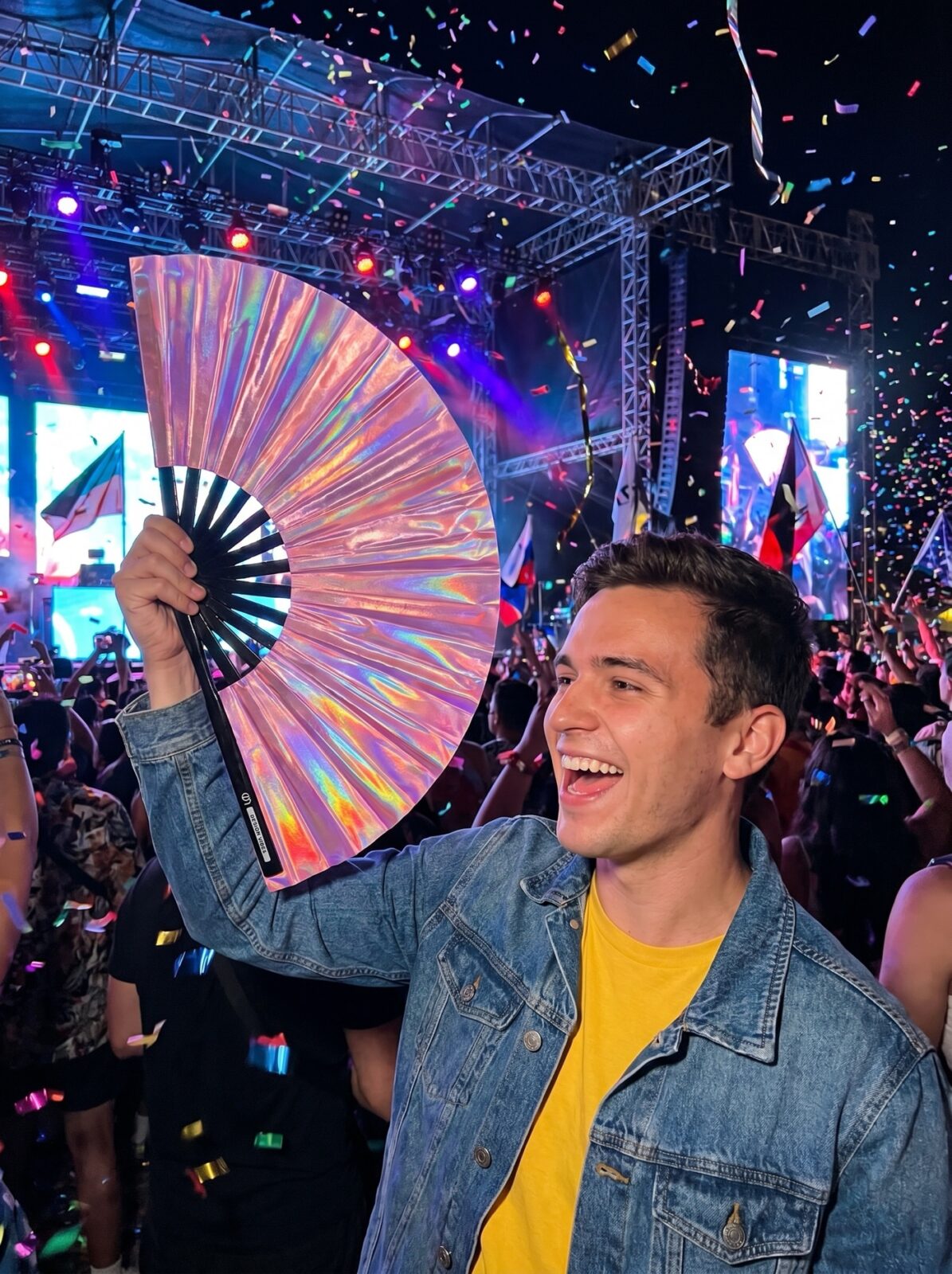 Festival-Fächer Holografisch Rosa – irisierendes Pride Accessoire – Ansicht 4