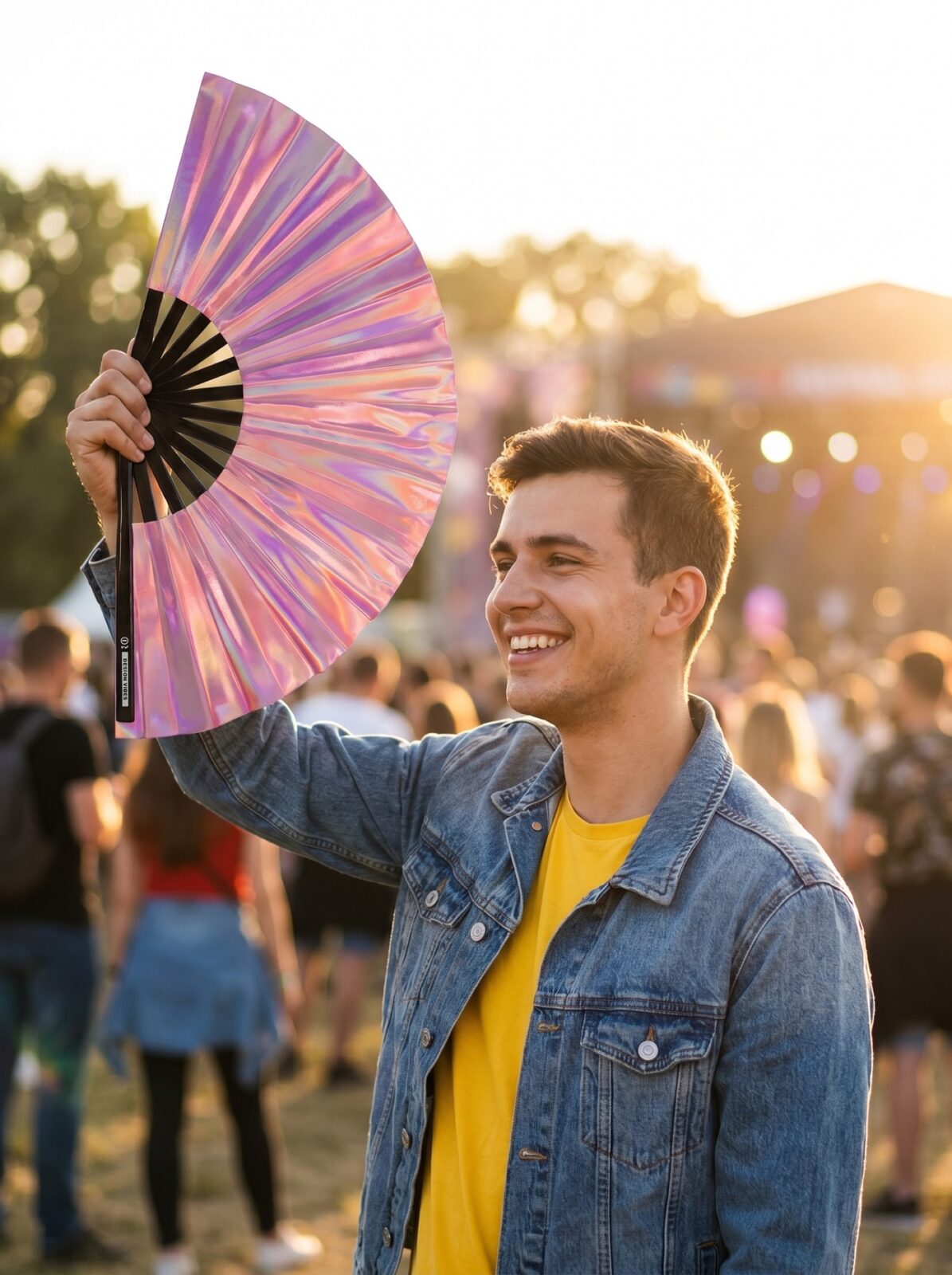 Festival-Fächer Holografisch Rosa – irisierendes Pride Accessoire – Ansicht 3
