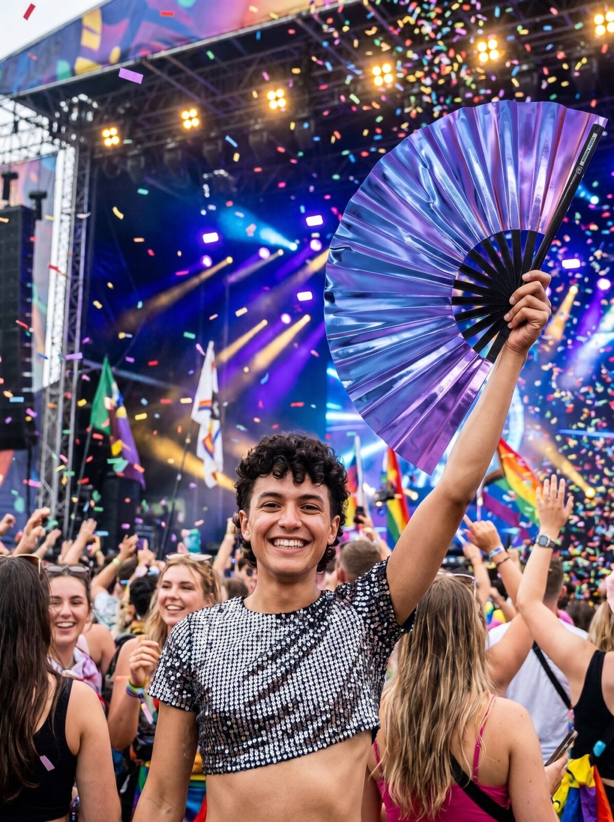 Festival-Fächer Holografisch Blau-Lila Metallic, Rave Accessoire – Ansicht 4