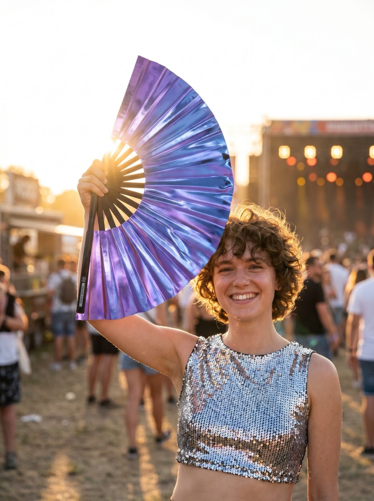Festival-Fächer Holografisch Blau-Lila Metallic, Rave Accessoire – Ansicht 3