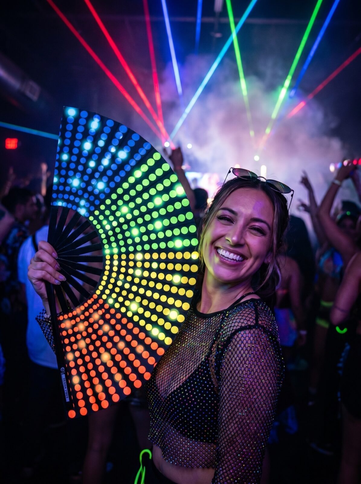 Festival-Fächer Schwarz mit Regenbogen-Punkten – Rave & CSD – Ansicht 2