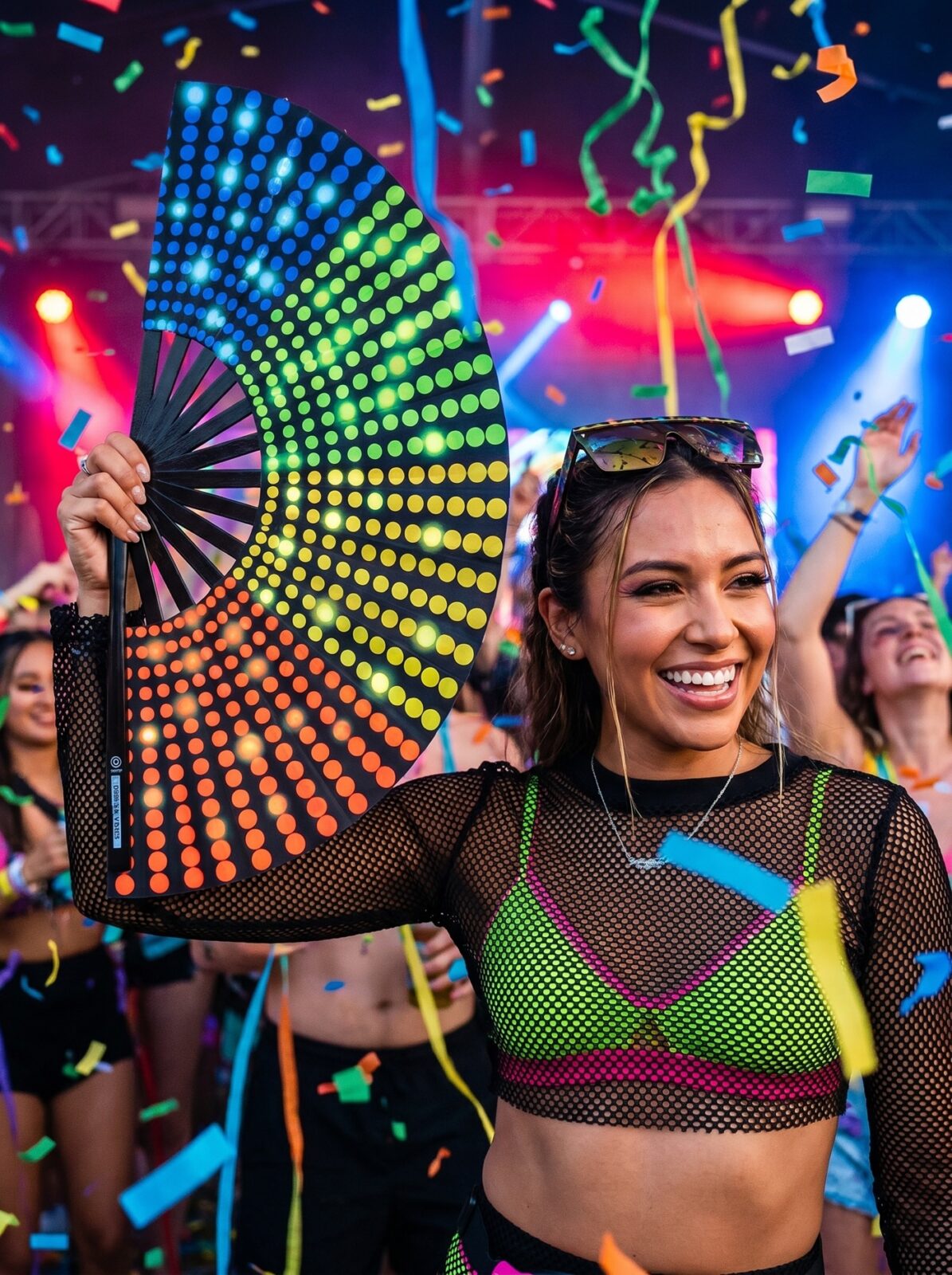 Festival-Fächer Schwarz mit Regenbogen-Punkten – Rave & CSD – Ansicht 4