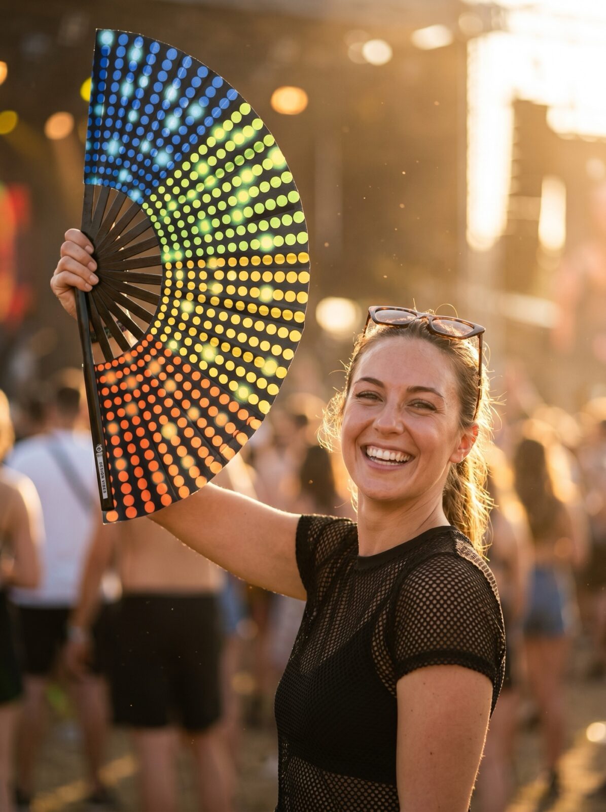 Festival-Fächer Schwarz mit Regenbogen-Punkten – Rave & CSD – Ansicht 3