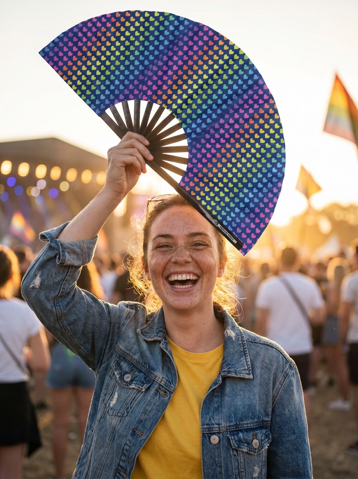 Festival-Fächer Dunkelblau mit Regenbogen-Herzen – CSD & Pride – Ansicht 3