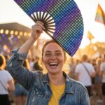 Festival-Fächer Dunkelblau mit Regenbogen-Herzen – CSD & Pride – Ansicht 3