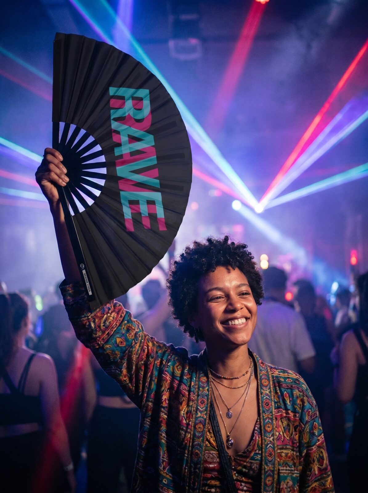Festival-Fächer „RAVE“ Schwarz Teal-Pink – Techno & Rave Accessoire – Ansicht 2