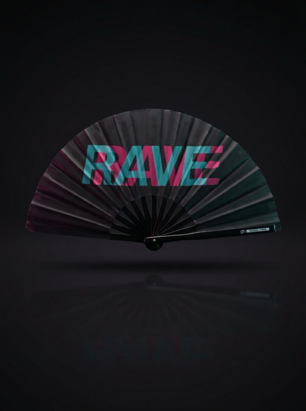 Festival-Fächer „RAVE" Schwarz Teal-Pink – Techno & Rave Accessoire
