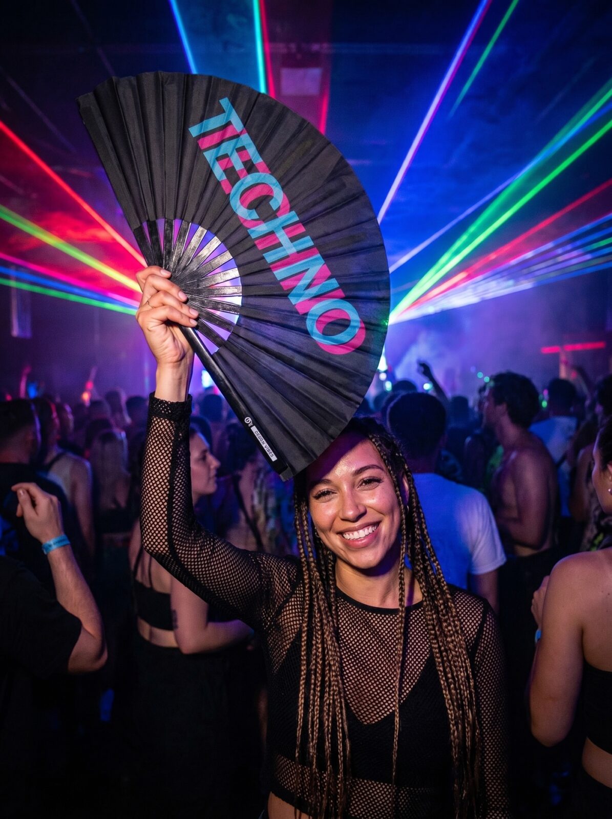 Festival-Fächer „TECHNO“ Schwarz Teal-Pink – Techno & Rave – Ansicht 2