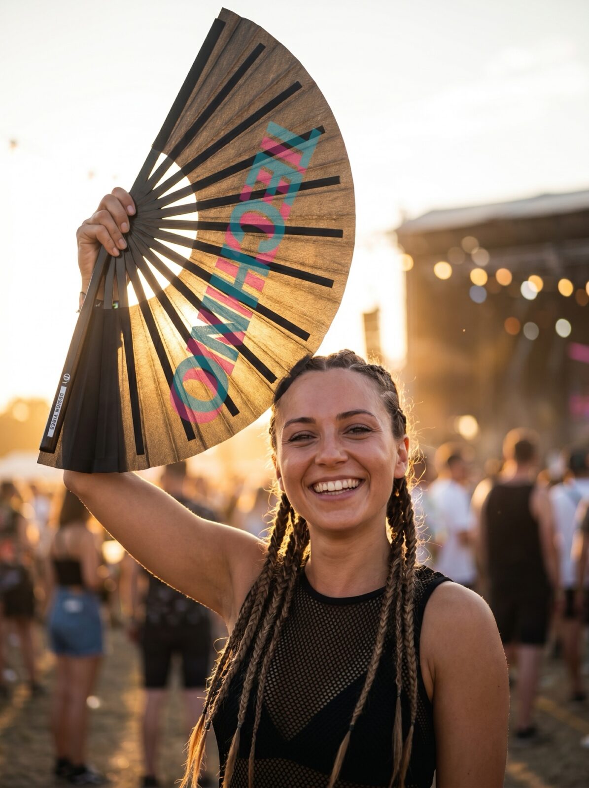 Festival-Fächer „TECHNO“ Schwarz Teal-Pink – Techno & Rave – Ansicht 3