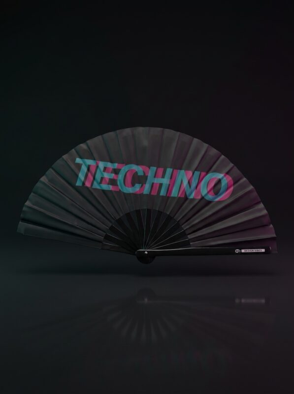 Festival-Fächer „TECHNO" Schwarz Teal-Pink – Techno & Rave
