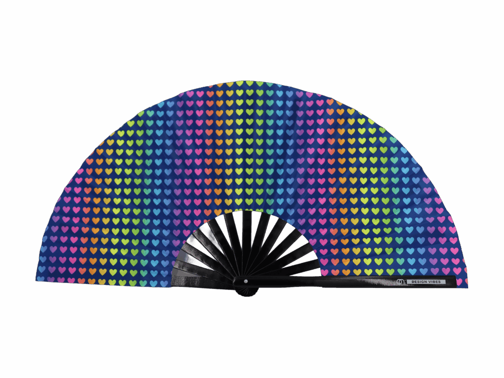 Dunkelblauer Festival-Fächer mit Regenbogen-Herzen für CSD und Pride
