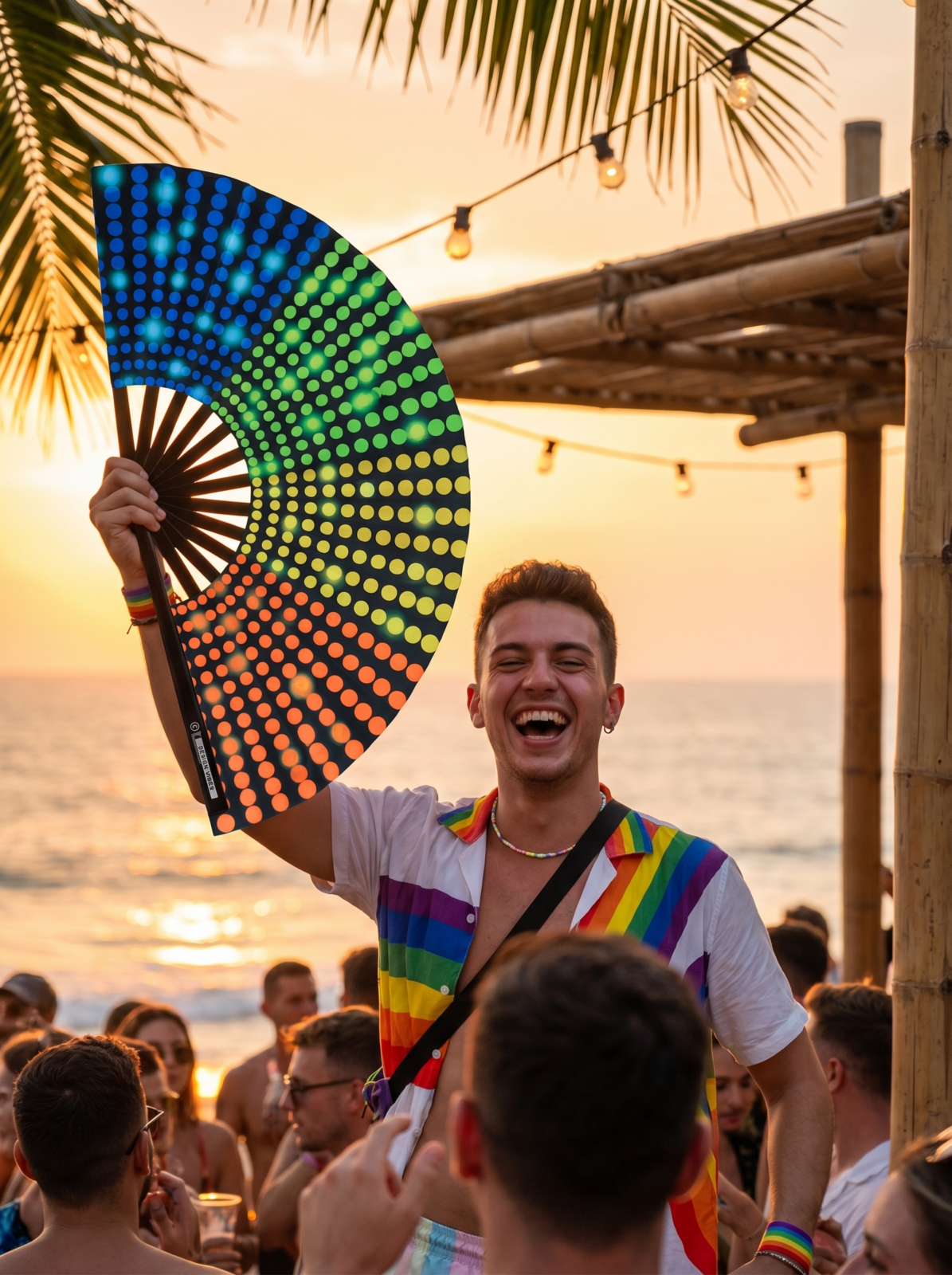 Festival-Fächer Schwarz mit Regenbogen-Punkten, Rave & CSD – Ansicht 6