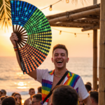 Festival-Fächer Schwarz mit Regenbogen-Punkten, Rave & CSD – Ansicht 6