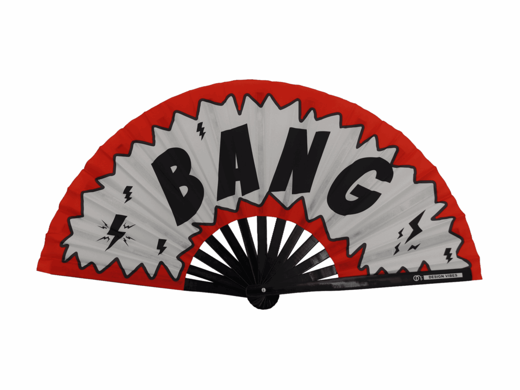Festival-Fächer BANG im Comic-Look in Rot-Weiß als Rave- und Party-Accessoire