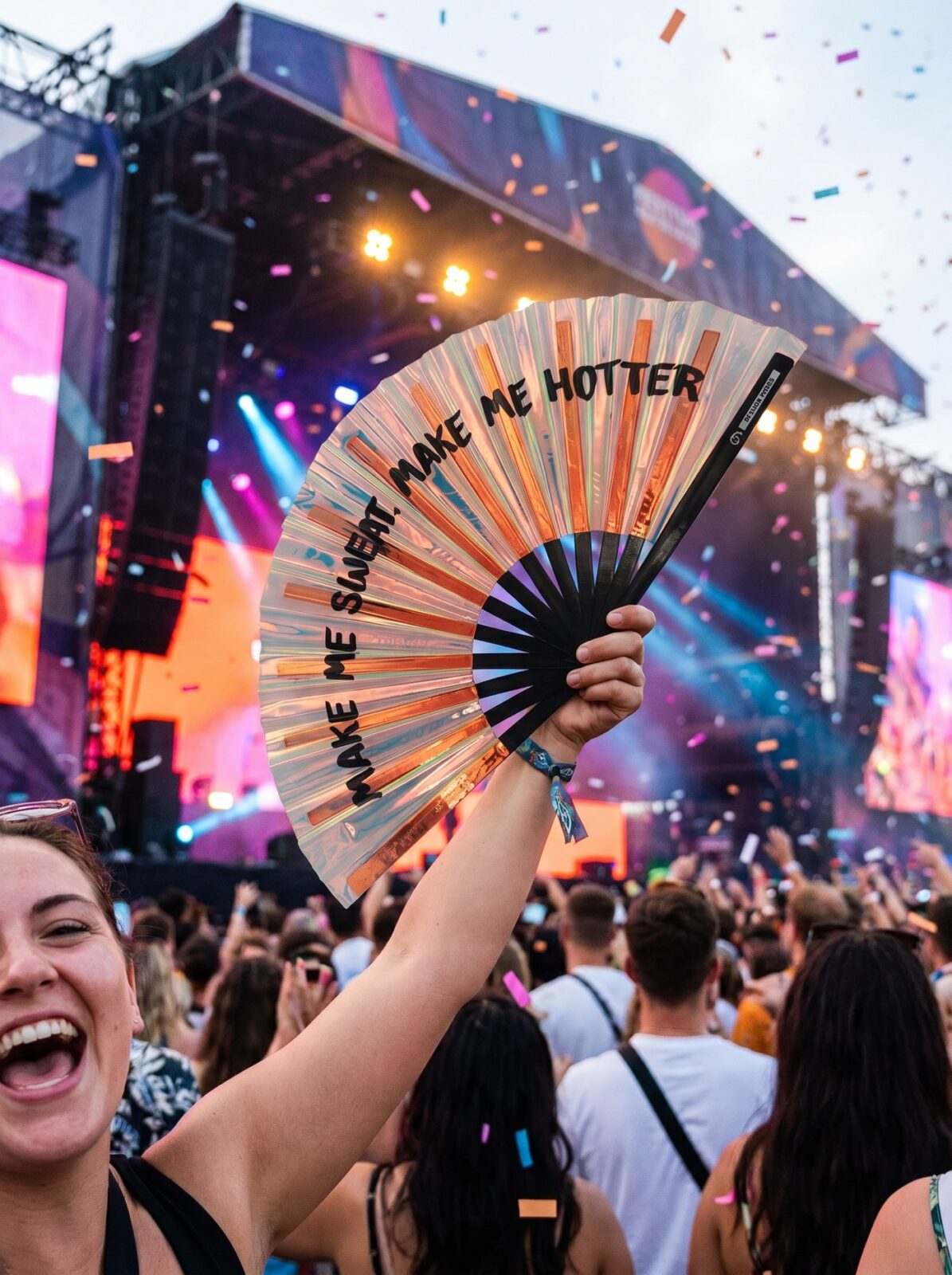 Festival-Fächer „MAKE ME SWEAT“ Holografisch Rosegold – Rave – Ansicht 4