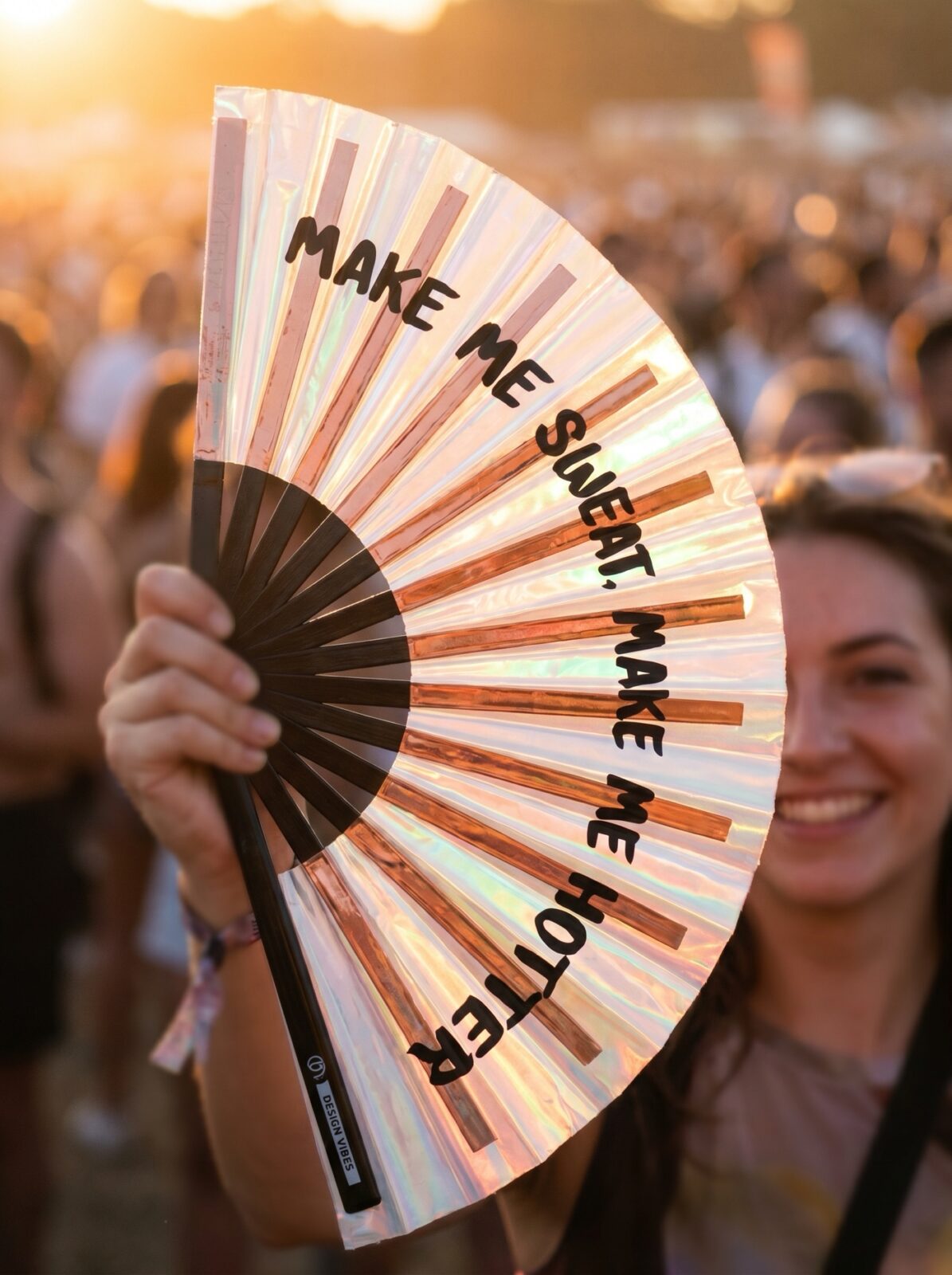 Festival-Fächer „MAKE ME SWEAT“ Holografisch Rosegold – Rave – Ansicht 3