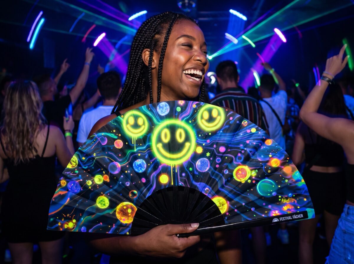 Festival-Fächer Neon-Acid-Smileys Schwarz für Techno & Rave – Ansicht 2