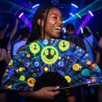 Festival-Fächer Neon-Acid-Smileys Schwarz für Techno & Rave – Ansicht 2