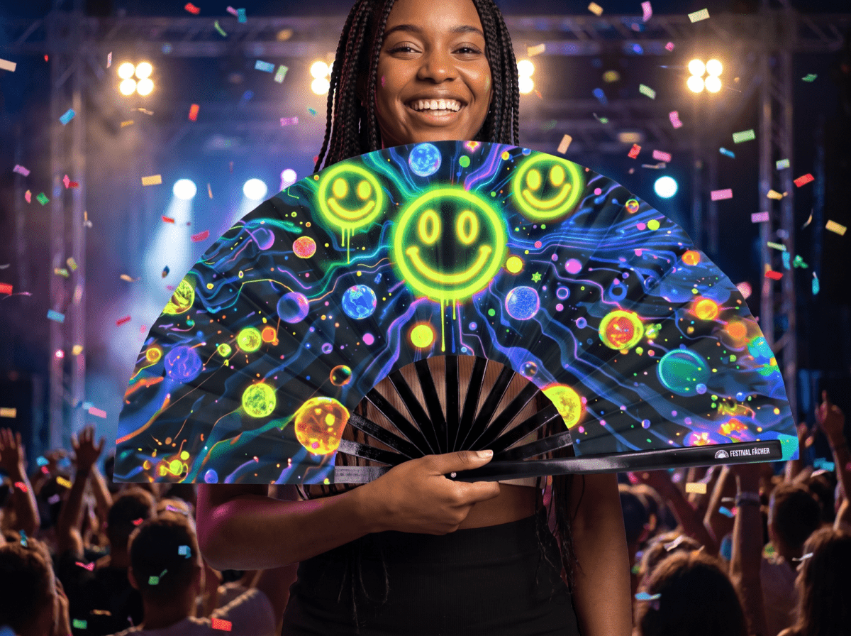 Festival-Fächer Neon-Acid-Smileys Schwarz für Techno & Rave – Ansicht 4