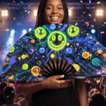 Festival-Fächer Neon-Acid-Smileys Schwarz für Techno & Rave – Ansicht 4