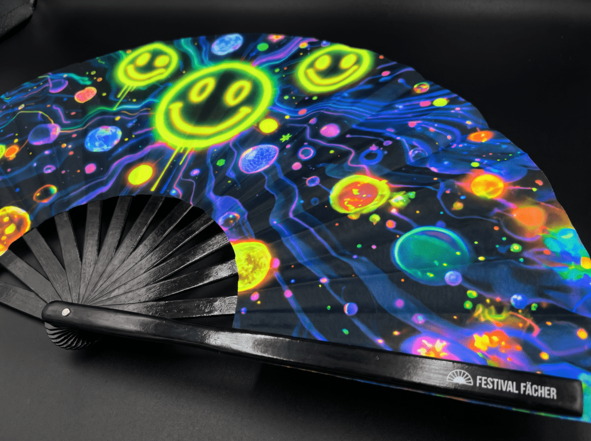 Festival-Fächer Neon-Acid-Smileys Schwarz für Techno & Rave – Ansicht 6