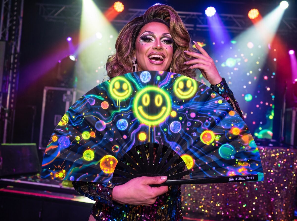 Festival-Fächer Neon-Acid-Smileys Schwarz für Techno & Rave – Ansicht 5