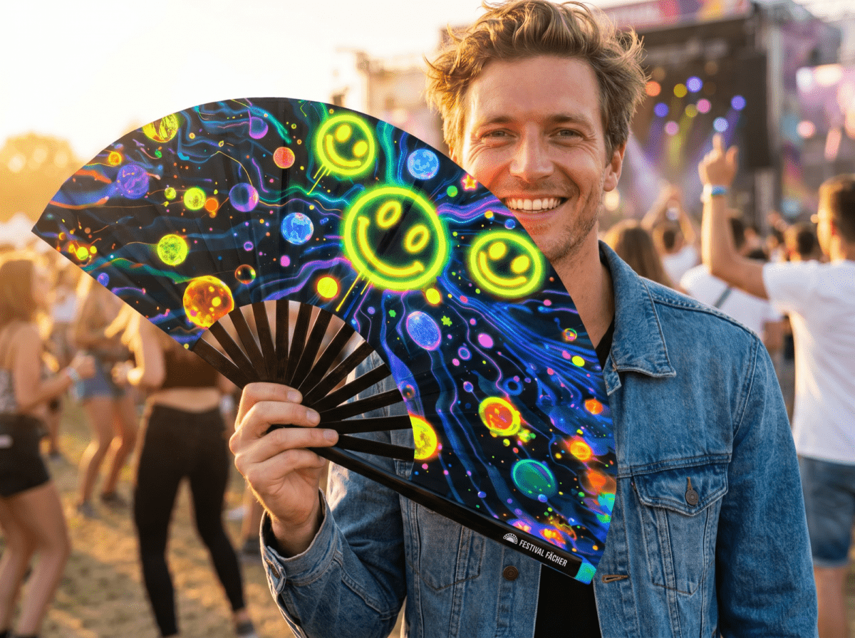 Festival-Fächer Neon-Acid-Smileys Schwarz für Techno & Rave – Ansicht 3