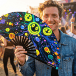 Festival-Fächer Neon-Acid-Smileys Schwarz für Techno & Rave – Ansicht 3