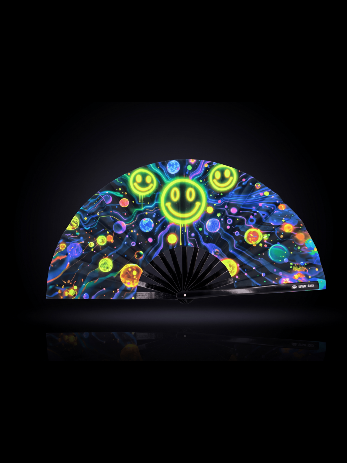 Festival-Fächer Neon-Acid-Smileys Schwarz für Techno & Rave