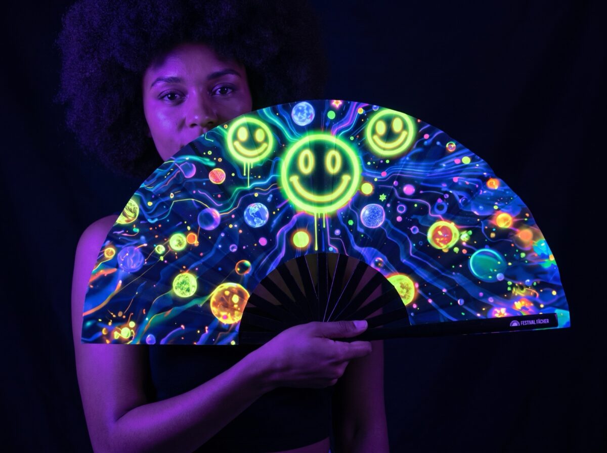 Festival-Fächer Neon-Acid-Smileys Schwarz für Techno & Rave Rave (UV)