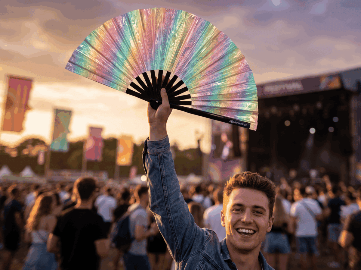 Festival-Fächer Holografisch Glitzer Pastellregenbogen für Festival & Rave – Ansicht 3