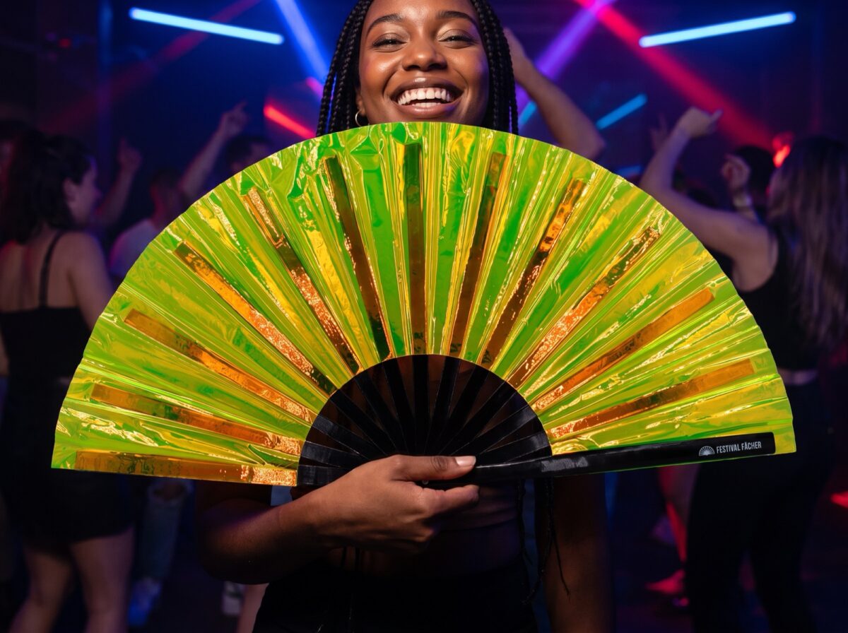 Festival-Fächer Holografisch Transparent Neongrün für Rave & Techno – Ansicht 2