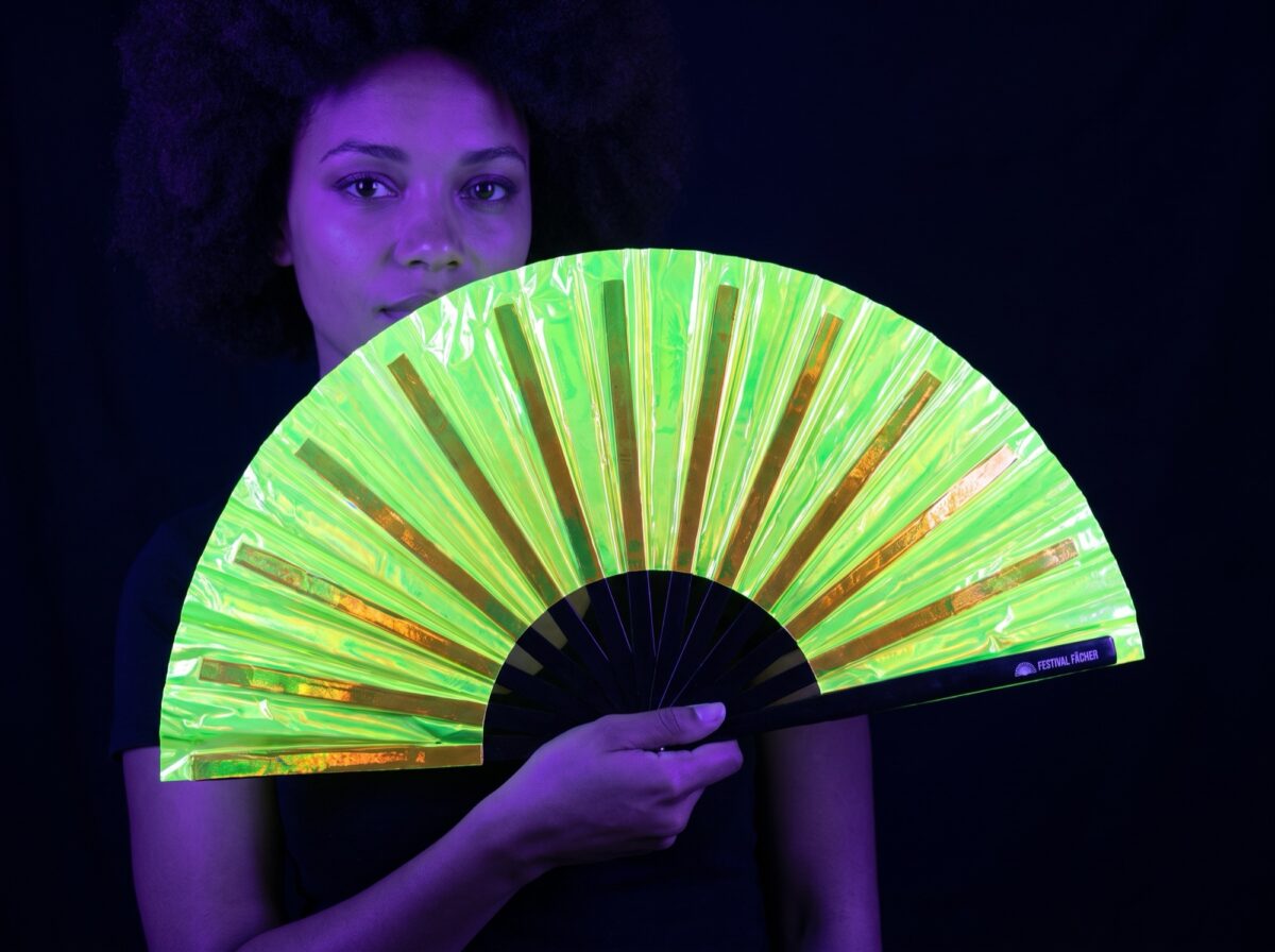 Festival-Fächer Holografisch Transparent Neongrün für Rave & Techno Rave (UV)