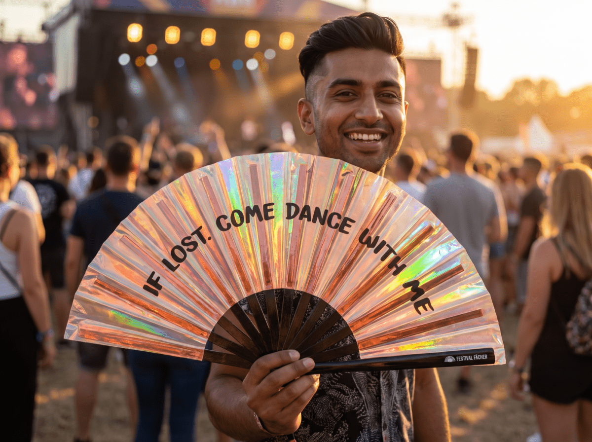 Festival-Fächer „IF LOST, COME DANCE WITH ME“ Holo-Kupfer für Festival & Rave – Ansicht 3
