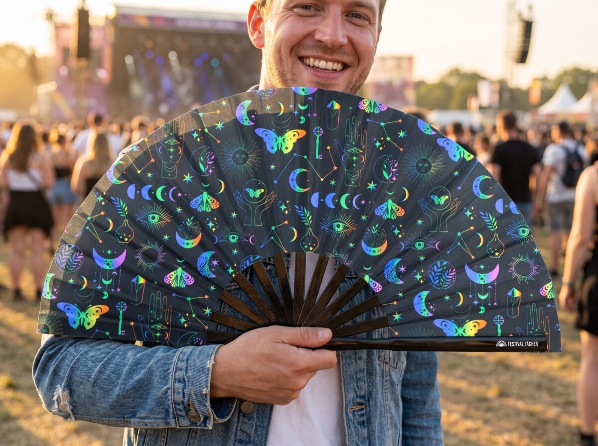 Festival-Fächer Mond & Schmetterlinge Regenbogen auf Schwarz für Festival & Boho – Ansicht 3