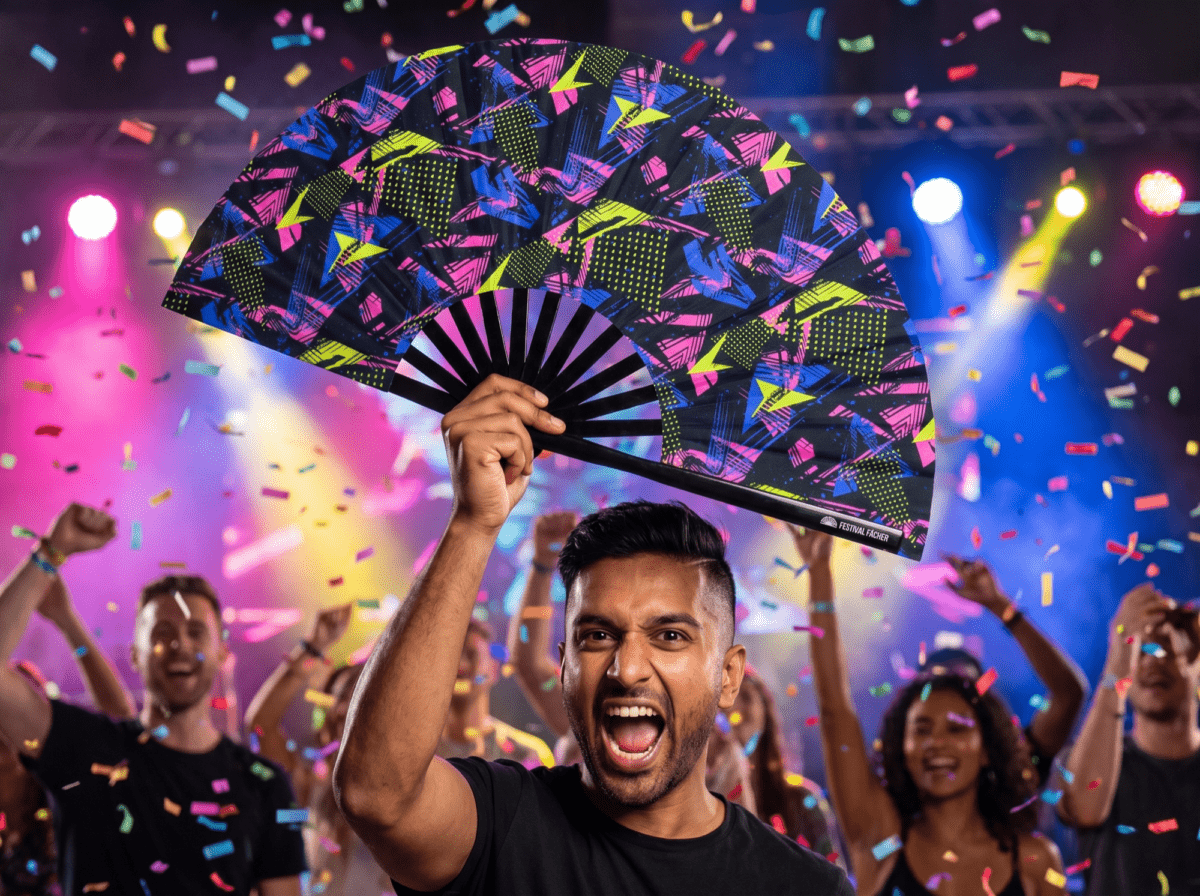 Festival-Fächer Neon-Geometrie Schwarz für Techno & Rave – Ansicht 4