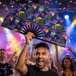 Festival-Fächer Neon-Geometrie Schwarz für Techno & Rave – Ansicht 4