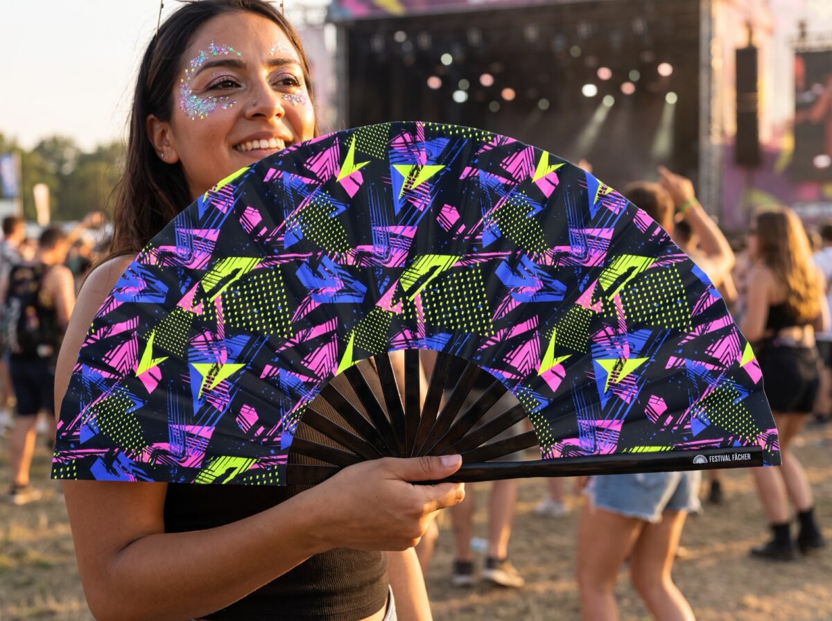 Festival-Fächer Neon-Geometrie Schwarz für Techno & Rave – Ansicht 3