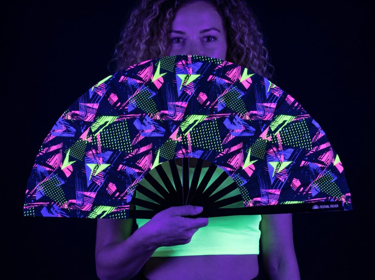Festival-Fächer Neon-Geometrie Schwarz für Techno & Rave Rave (UV)