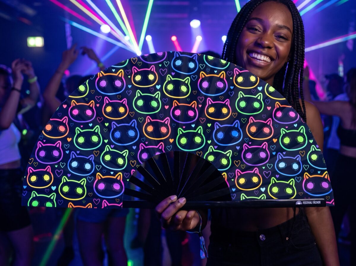 Festival-Fächer Neon-Katzen Schwarz für Rave & Festival – Ansicht 2