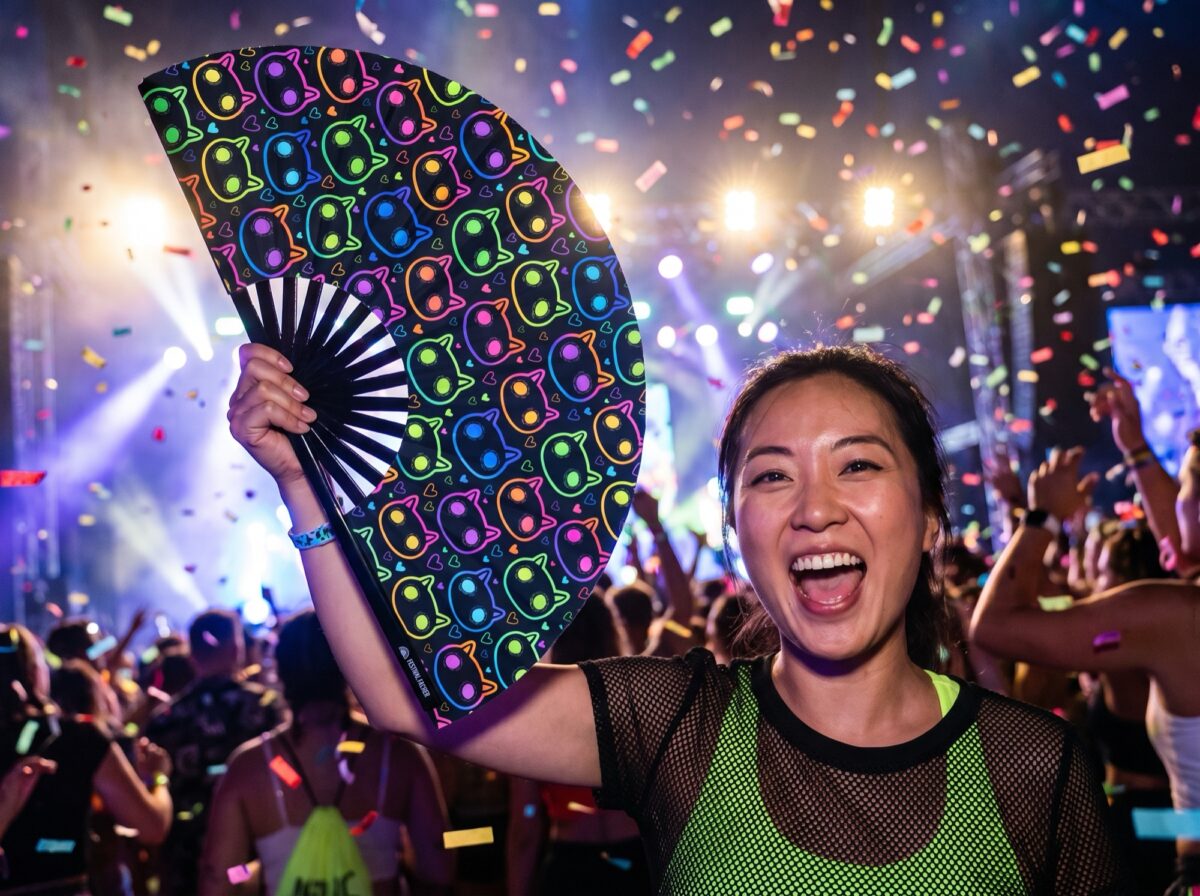 Festival-Fächer Neon-Katzen Schwarz für Rave & Festival – Ansicht 4