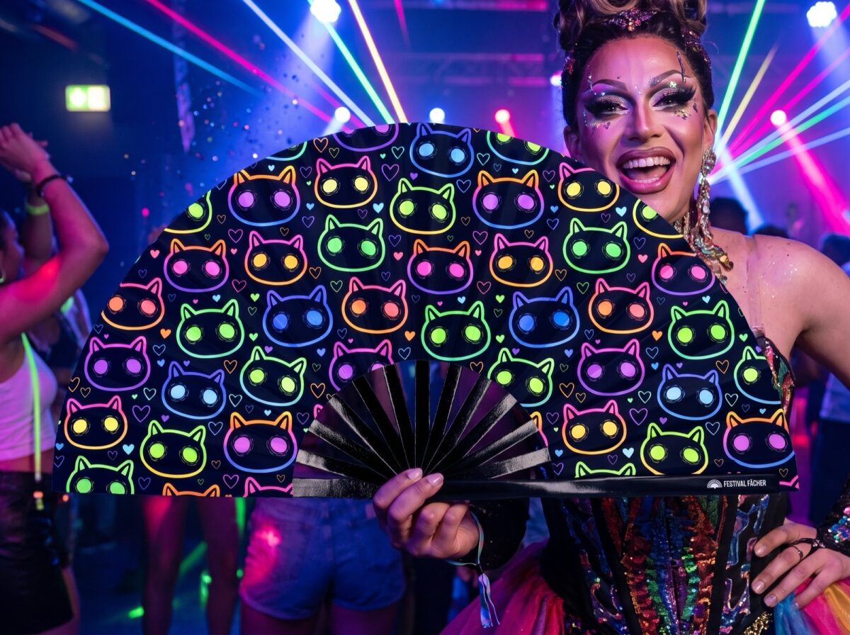 Festival-Fächer Neon-Katzen Schwarz für Rave & Festival – Ansicht 5