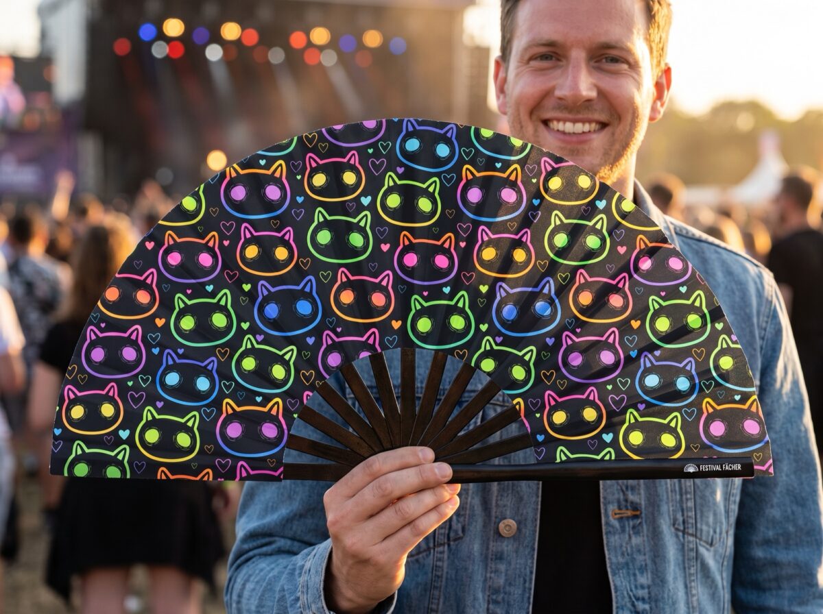 Festival-Fächer Neon-Katzen Schwarz für Rave & Festival – Ansicht 3