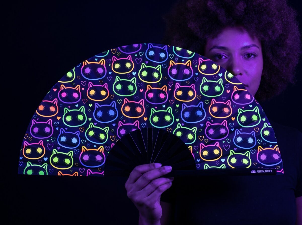 Festival-Fächer Neon-Katzen Schwarz für Rave & Festival Rave (UV)