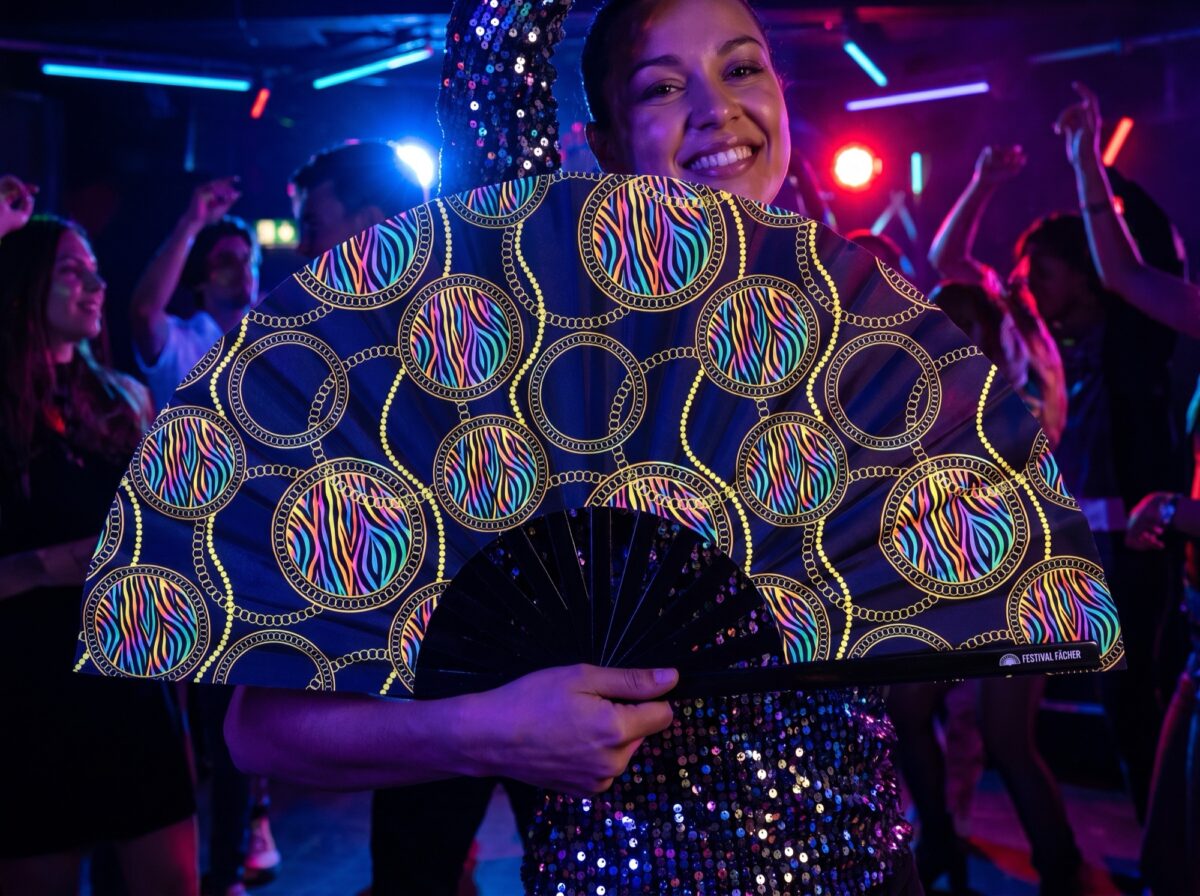Festival-Fächer Neon-Kreise Schwarz für Techno & Rave – Ansicht 2