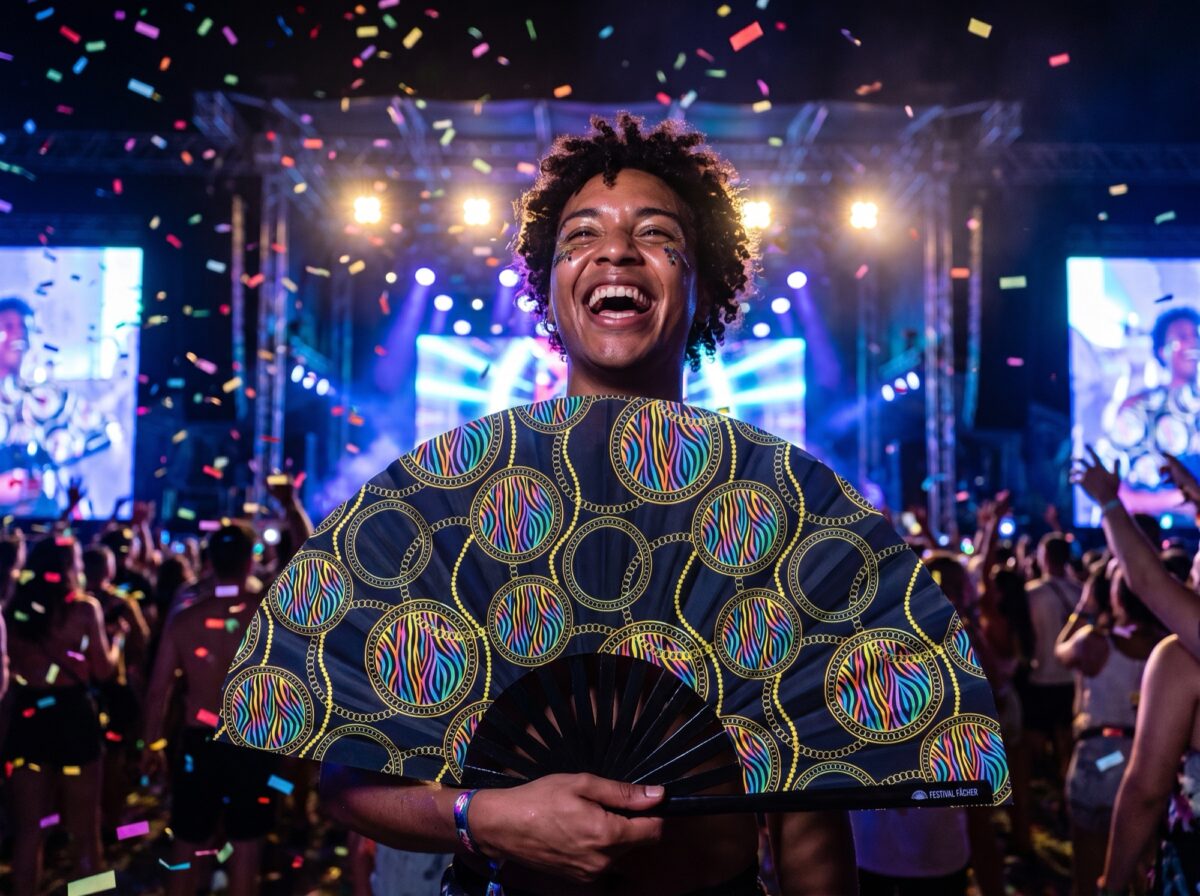 Festival-Fächer Neon-Kreise Schwarz für Techno & Rave – Ansicht 4